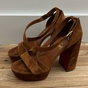 Louboutin Brown Suede Platform Crossover Strap Heel